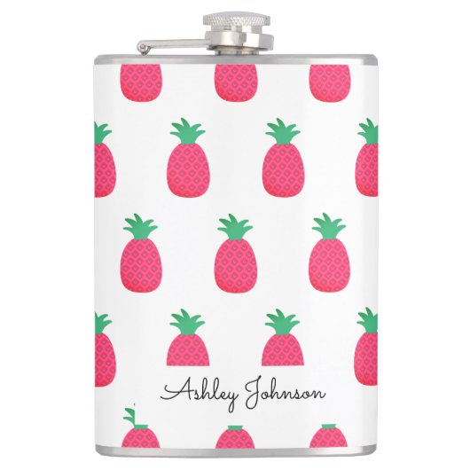 Roze Ananaspatroon Cute Wit Heupfles (Voorkant)