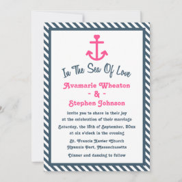 Roze anchor Nautical Navy Blue Stripe Wedding Kaart
