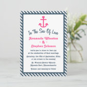 Roze anchor Nautical Navy Blue Stripe Wedding Kaart (Staand voorkant)