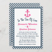 Roze anchor Nautical Navy Blue Stripe Wedding Kaart (Voorkant / Achterkant)