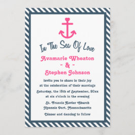 Roze anchor Nautical Navy Blue Stripe Wedding Kaart