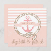 Roze Anchor Stripes Nautical Wedding Invitation Kaart (Voorkant / Achterkant)