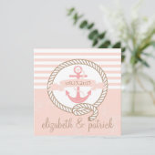 Roze Anchor Stripes Nautical Wedding Invitation Kaart (Staand voorkant)