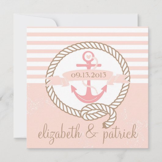 Roze Anchor Stripes Nautical Wedding Invitation Kaart (Voorkant)