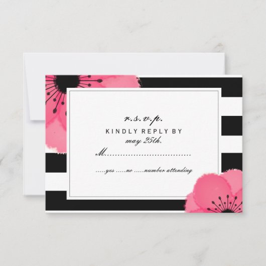 Roze Anemone Floral Black + White Stripe RSVP (Voorkant)