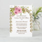 Roze Anemone Golden Leaves Bruiloft Uitnodiging (Staand voorkant)