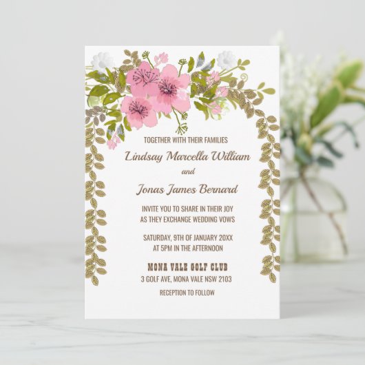 Roze Anemone Golden Leaves Bruiloft Uitnodiging (Staand voorkant)