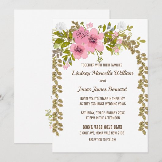 Roze Anemone Golden Leaves Bruiloft Uitnodiging (Voorkant / Achterkant)