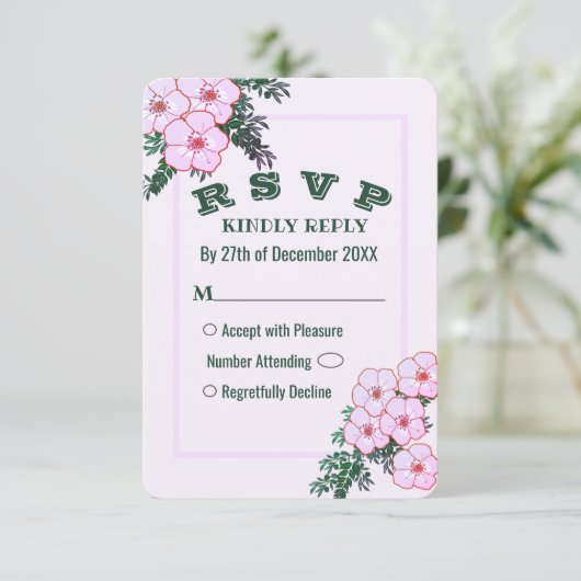 Roze Anemone Greenery Floral Wedding RSVP-kaart Kaart (Staand voorkant)