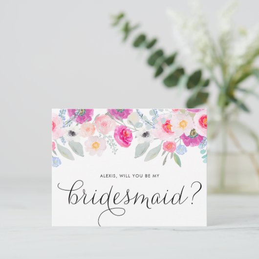  roze anemonen zullen je mijn Bridesmaid zijn Uitnodiging Briefkaart (Staand voorkant)