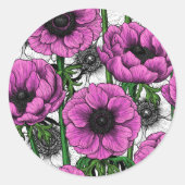 Roze anemontuin ronde sticker (Voorkant)