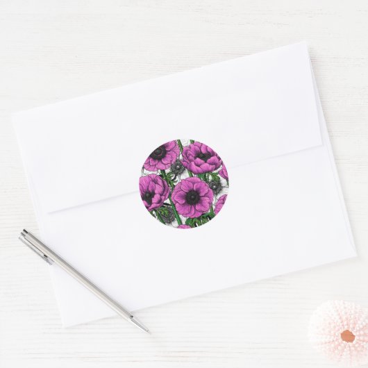 Roze anemontuin ronde sticker (Envelop)