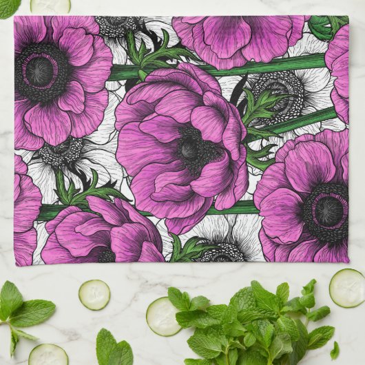 Roze anemontuin theedoek (Gevouwen)