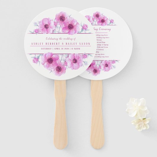 Roze anemoon bloem kunst ceremonie bruiloft fans handwaaier (Voorkant en achterkant)