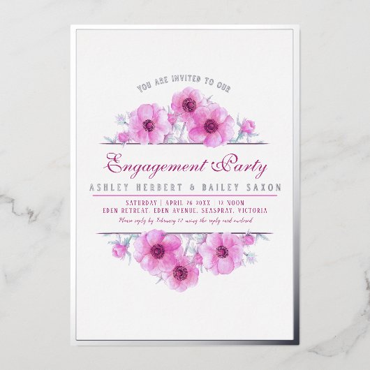 Roze anemoon bloemschildering met waterverf verlov folie uitnodiging (Voorkant)