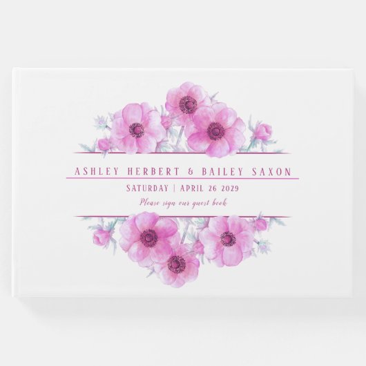 Roze anemoon waterverf bruiloft gastenboek (Voorkant)