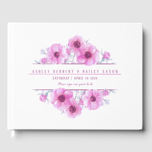 Roze anemoon waterverf bruiloft gastenboek (Voorkant)