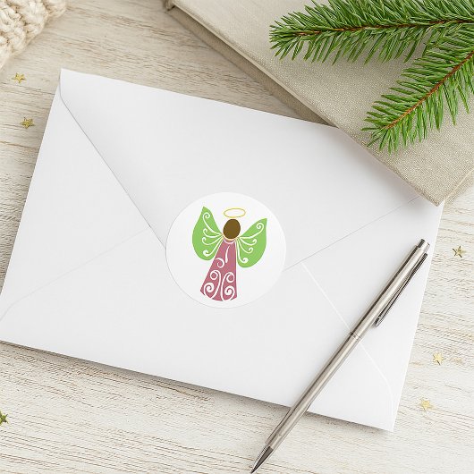 Roze Angel Groene Swirl Wings Spiritueel Decoratie Ronde Sticker