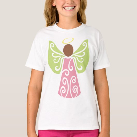 Roze Angel Groene Swirl Wings Spiritueel Decoratie T-shirt (Voorkant)