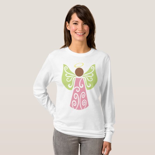 Roze Angel Groene Swirl Wings Spiritueel Decoratie T-shirt (Voorkant volledig)