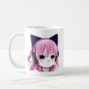 Roze Anime Meisje in Kat Oor Hoofdtelefoon Koffiemok