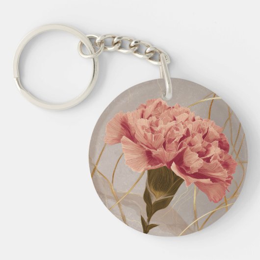 Roze Anjer Bloem Goud Sleutelhanger (Voorkant)