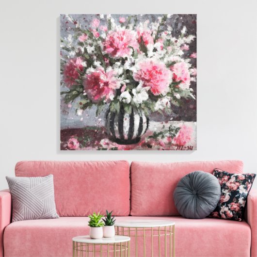 Roze Anjer Bloemen Arrangement Zwart Canvas Afdruk (Insitu (Woonkamer))