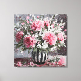 Roze Anjer Bloemen Arrangement Zwart Canvas Afdruk
