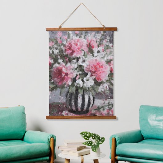 Roze Anjer Bloemen Arrangement Zwart Hangend Wandkleed (Woonkamer)