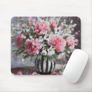 Roze Anjer Bloemen Arrangement Zwart Muismat