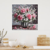 Roze Anjer Bloemen Arrangement Zwart Poster (Keuken)