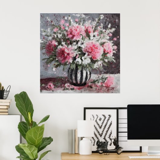 Roze Anjer Bloemen Arrangement Zwart Poster (Thuiskantoor)