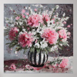 Roze Anjer Bloemen Arrangement Zwart Poster