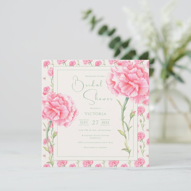 Roze Anjer Bloemen Bruidsdouche Uitnodiging (Staand voorkant)