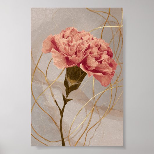 Roze Anjer Bloemig Goud Poster (Voorkant)