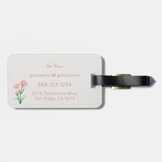 Roze Anjer Botanische Aquarel Aangepaste Naam Bagagelabel (Achterkant horizontaal)