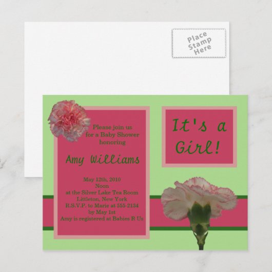 Roze Anjer Briefkaart Douche Uitnodiging (Voorkant / Achterkant)