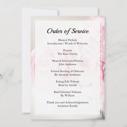 Roze anjer Funerale orde van dienst Kaart (Achterkant)