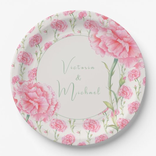 Roze Anjer Gepersonaliseerde bruiloft Papieren Bordje (Voorkant)