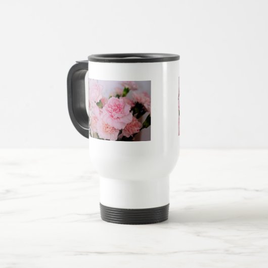  roze anjerbloemen reisbeker (Voorkant links)