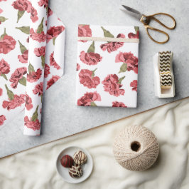  Roze Anjers Bloemen op Wit Patroontje Cadeaupapier