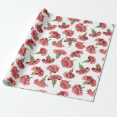 Roze Anjers Bloemen op Wit Patroontje Cadeaupapier (Uitgerold)