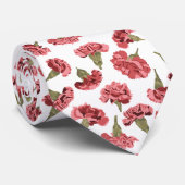 Roze Anjers Bloemen op Wit Patroontje Stropdas (Opgerold)