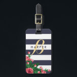 Roze anjers en blauwe strepen Naam en monogram Bagagelabel<br><div class="desc">Navy blauw en wit gestreept bagagelabel met roze anjers,  met jouw naam en het initiaal van je achternaam.</div>