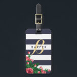 Roze anjers en blauwe strepen Naam en monogram Bagagelabel<br><div class="desc">Navy blauw en wit gestreept bagagelabel met roze anjers,  met jouw naam en het initiaal van je achternaam.</div>