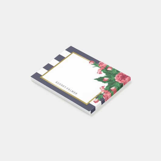 Roze anjers en Navy Blue Stripes - Aangepaste naam Post-it® Notes (Schuin)