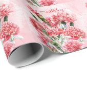 Roze anjers en vlinders Happy Birthday Cadeaupapier (Rol Hoek)