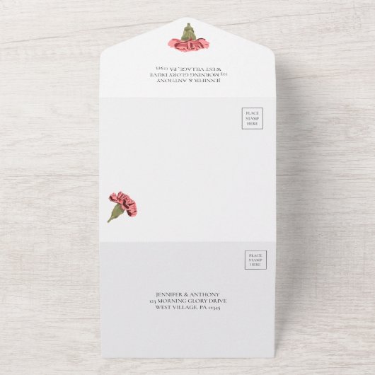 Roze Anjers Luxe Modern Bloemen Custom All In One Uitnodiging (Buitenkant)