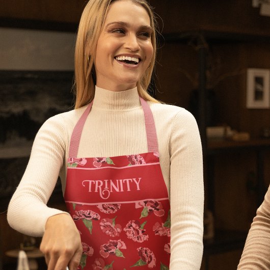 Roze Anjers op Rood Gepersonaliseerd Schort