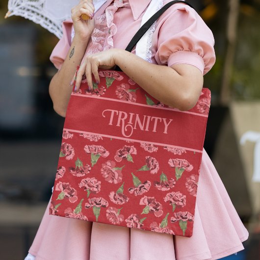  Roze Anjers op Rood Gepersonaliseerd Tote Bag